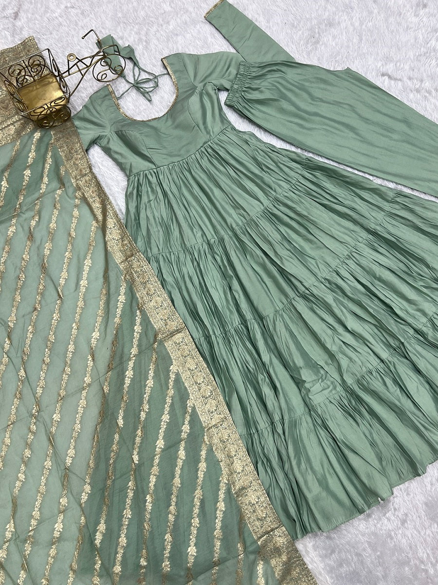 Evanik Seagreen Pure Roman Silk Chanderi With Fully Flair Anarkali Pant With Dupatta