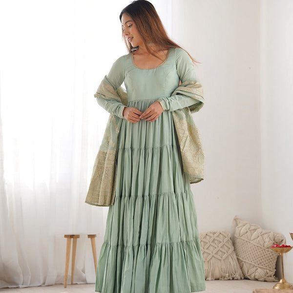 Evanik Seagreen Pure Roman Silk Chanderi With Fully Flair Anarkali Pant With Dupatta
