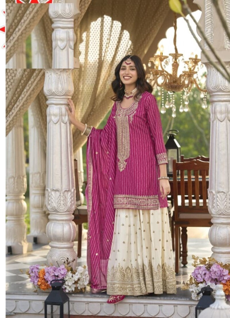 Aarshi Fashions Pink Heavy Chinon Silk Full Stitched Palazzo Suit