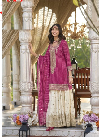 Aarshi Fashions Pink Heavy Chinon Silk Full Stitched Palazzo Suit