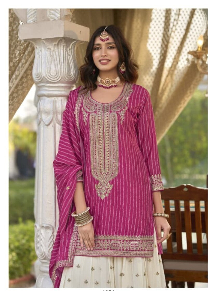 Aarshi Fashions Pink Heavy Chinon Silk Full Stitched Palazzo Suit