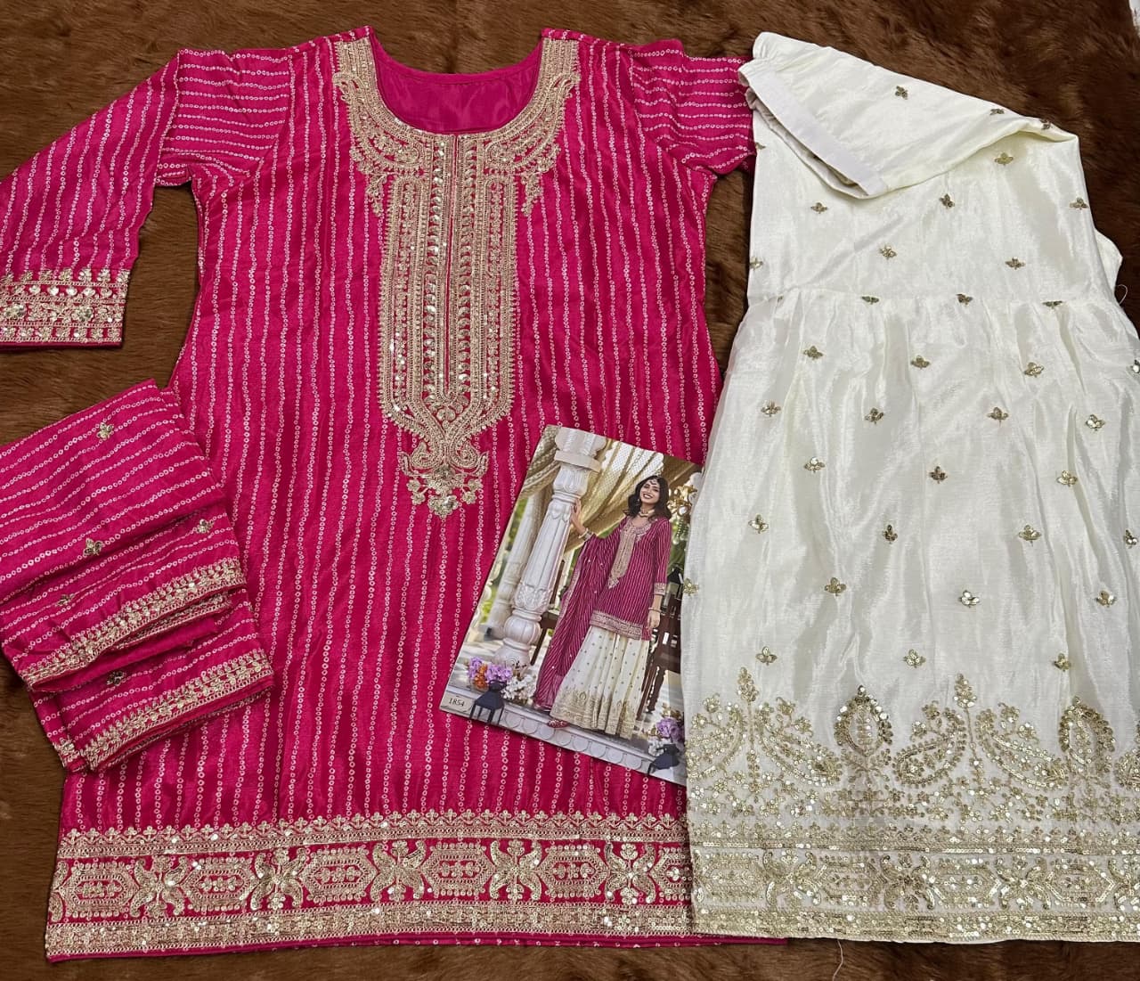 Aarshi Fashions Pink Heavy Chinon Silk Full Stitched Palazzo Suit