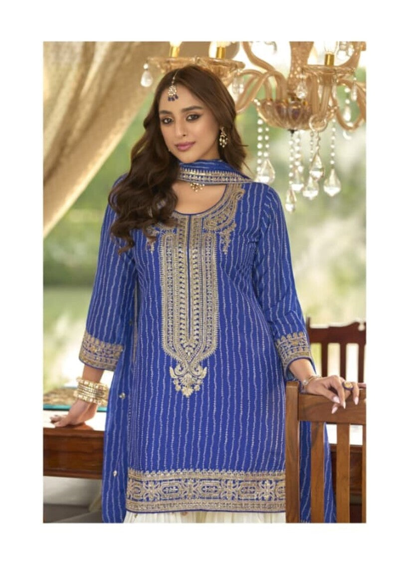 Aarshi Fashions Blue Heavy Chinon Silk Full Stitched Palazzo Suit