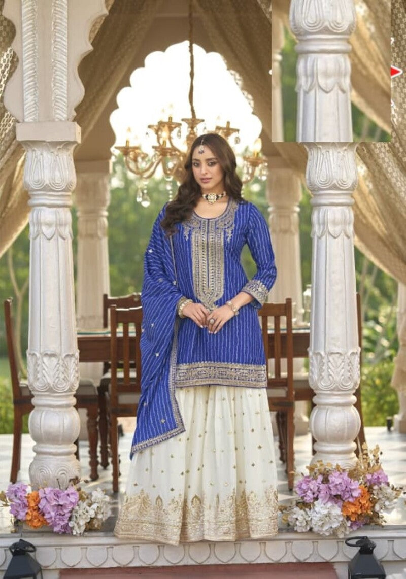 Aarshi Fashions Blue Heavy Chinon Silk Full Stitched Palazzo Suit