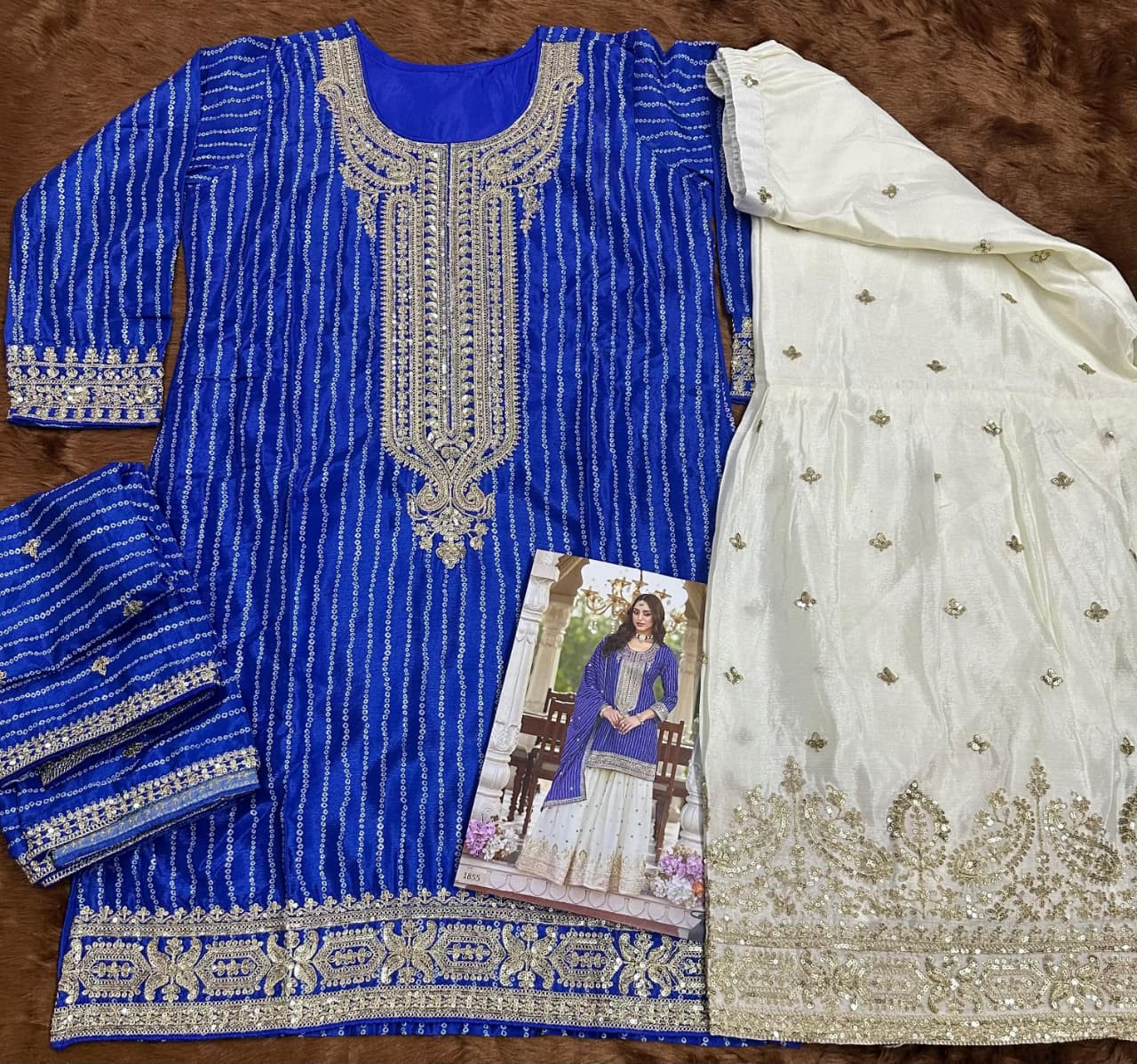 Aarshi Fashions Blue Heavy Chinon Silk Full Stitched Palazzo Suit