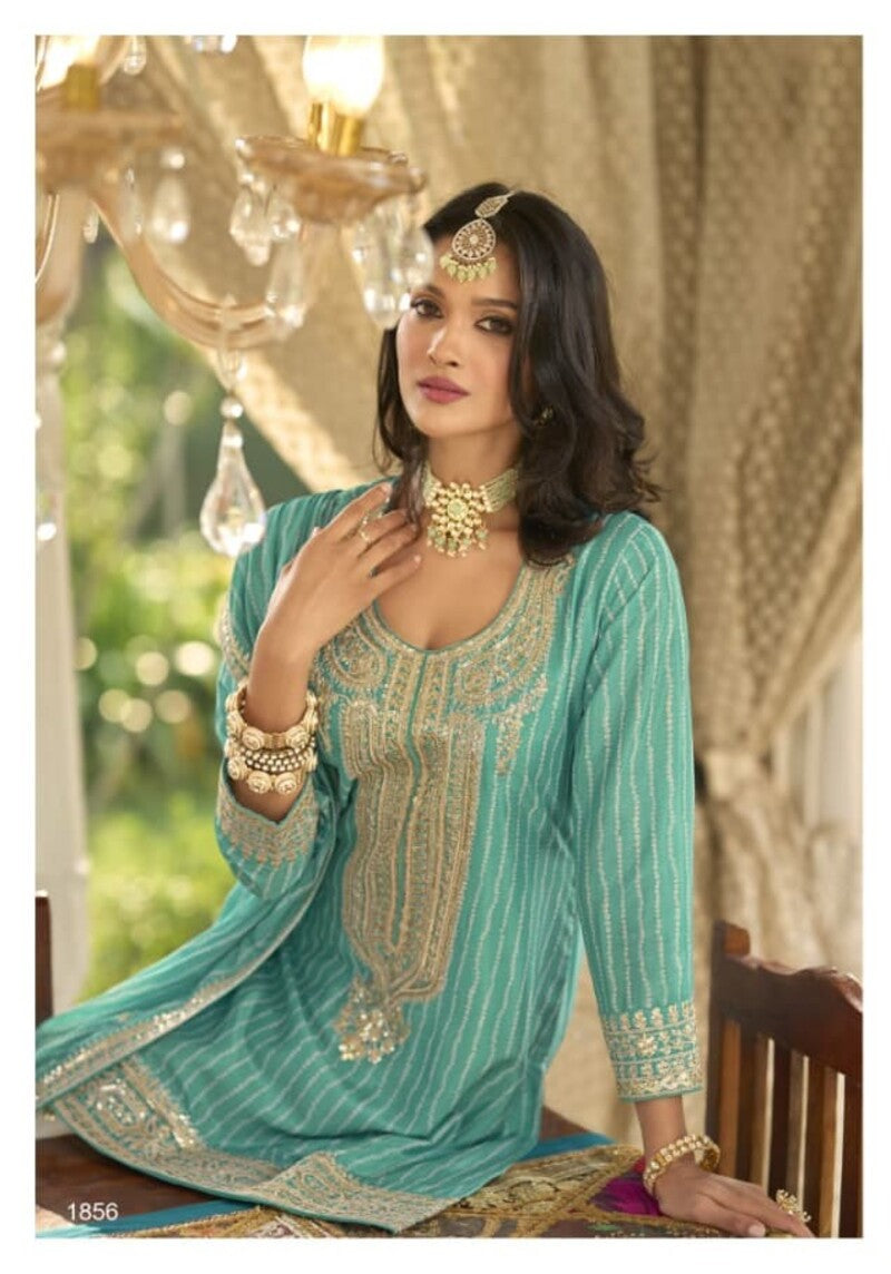 Aarshi Fashions Aqua Green Heavy Chinon Silk Full Stitched Palazzo Suit