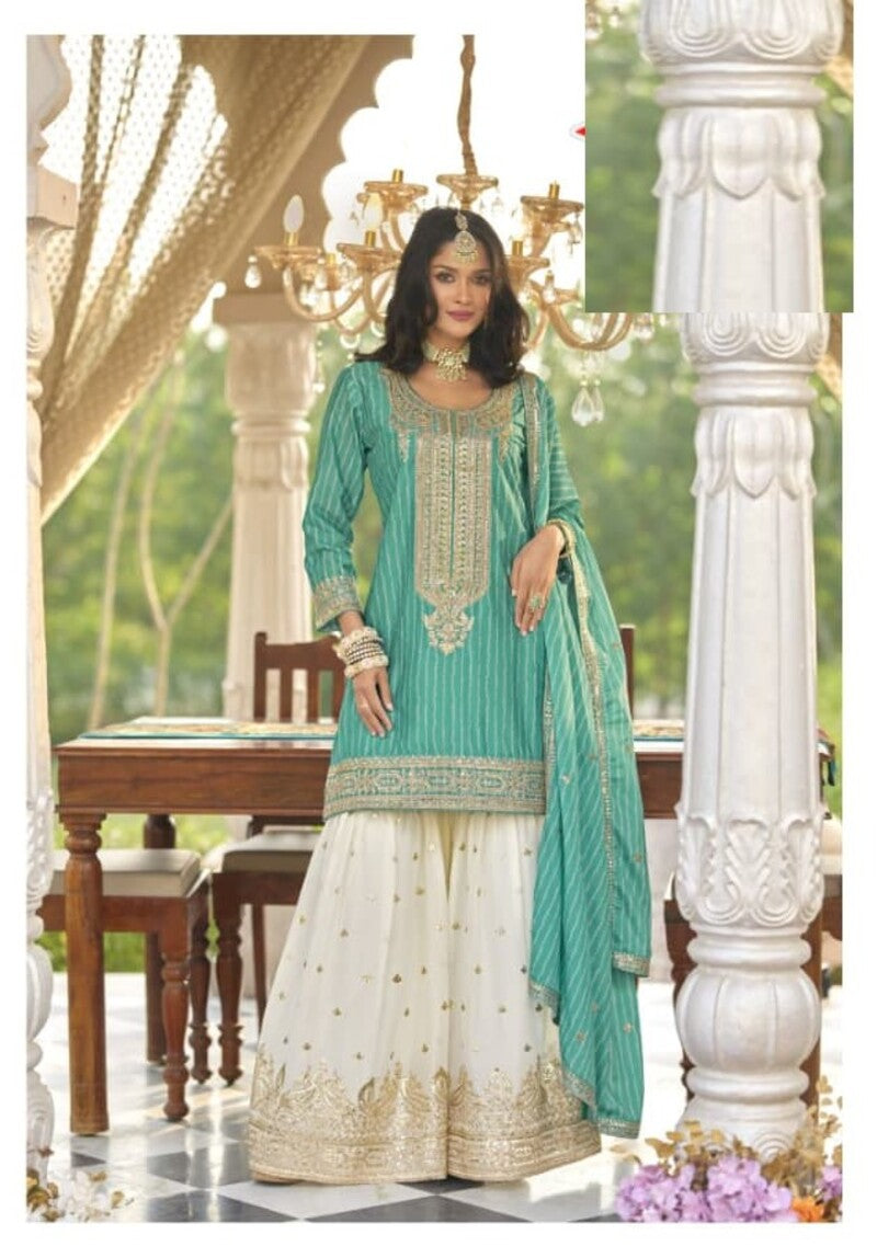 Aarshi Fashions Aqua Green Heavy Chinon Silk Full Stitched Palazzo Suit