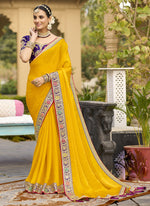 Thumbnail for Vegaa Fashion Yellow Georgette Embroidered Wedding Wear Saree