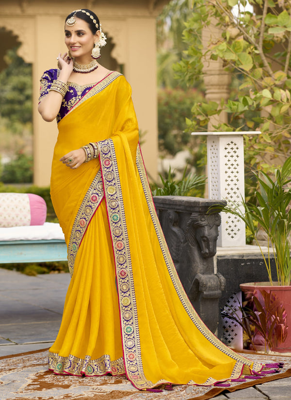 Vegaa Fashion Yellow Georgette Embroidered Wedding Wear Saree