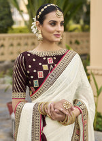 Thumbnail for Vegaa Fashion Off White Georgette Embroidered Wedding Wear Saree