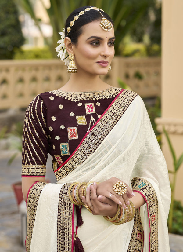 Vegaa Fashion Off White Georgette Embroidered Wedding Wear Saree