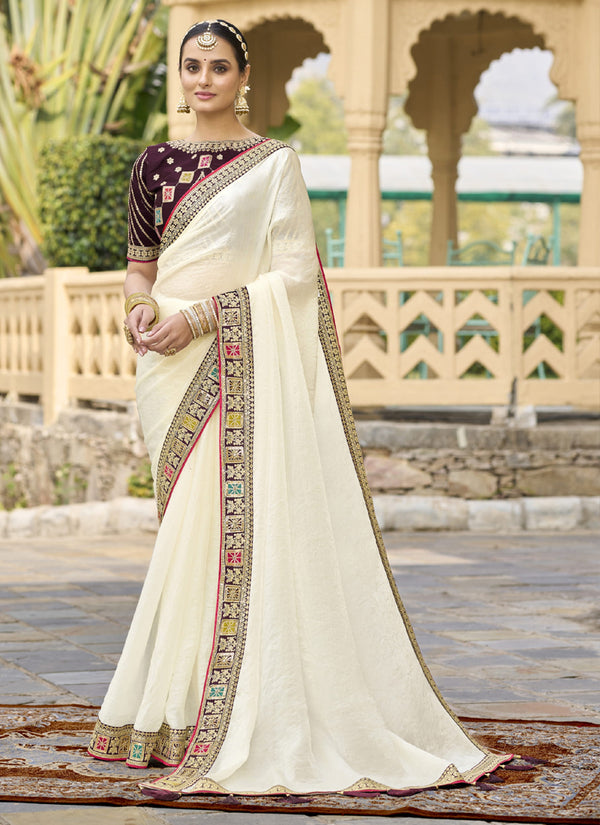 Vegaa Fashion Off White Georgette Embroidered Wedding Wear Saree