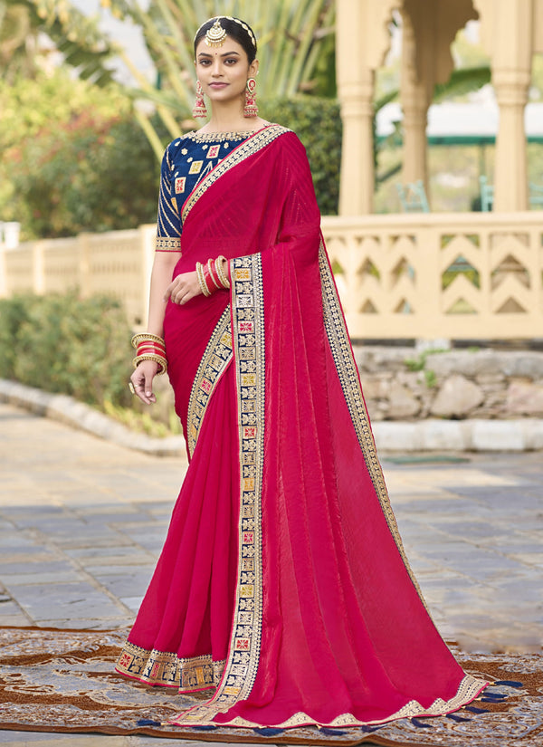 Vegaa Fashion Red Georgette Embroidered Wedding Wear Saree