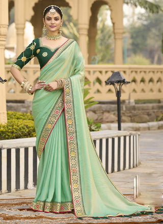 Vegaa Fashion Light Green Georgette Embroidered Wedding Wear Saree
