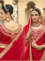Thumbnail for Vegaa Fashion Red Georgette Embroidered Wedding Wear Saree