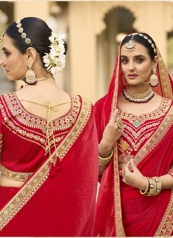 Vegaa Fashion Red Georgette Embroidered Wedding Wear Saree