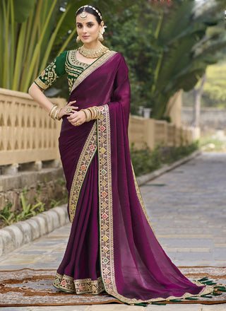 Vegaa Fashion Wine Georgette Embroidered Wedding Wear Saree