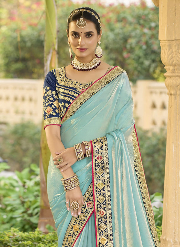 Vegaa Fashion Sky Blue Georgette Embroidered Wedding Wear Saree