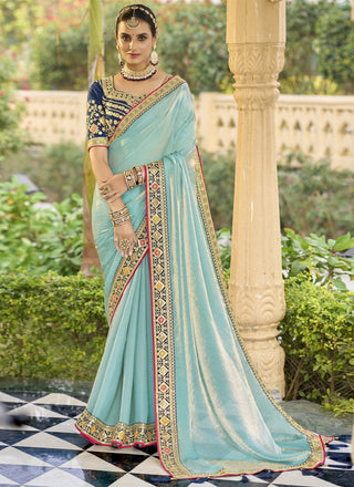 Vegaa Fashion Sky Blue Georgette Embroidered Wedding Wear Saree