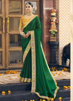 Thumbnail for Vegaa Fashion Green Georgette Embroidered Wedding Wear Saree