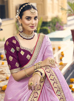 Thumbnail for Vegaa Fashion Light Pink Georgette Embroidered Wedding Wear Saree