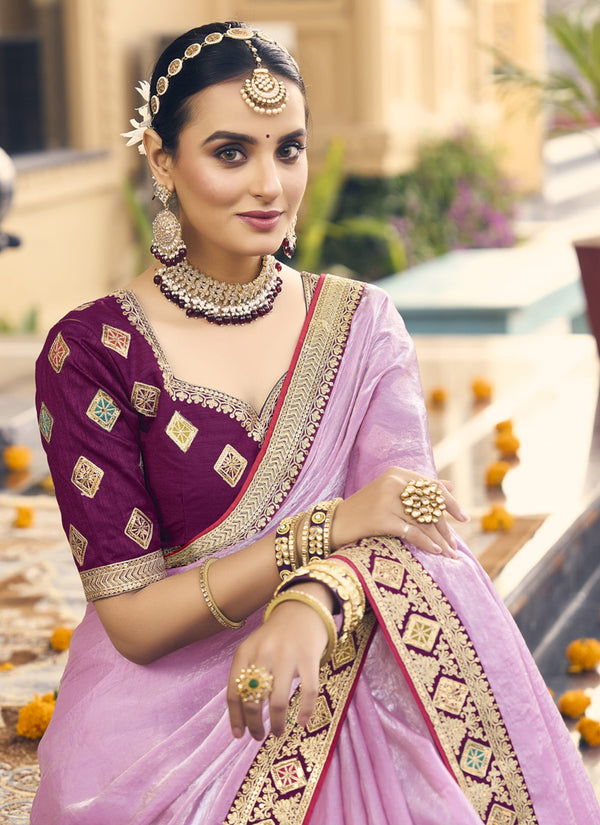 Vegaa Fashion Light Pink Georgette Embroidered Wedding Wear Saree