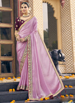 Thumbnail for Vegaa Fashion Light Pink Georgette Embroidered Wedding Wear Saree