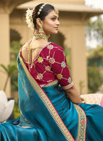 Thumbnail for Vegaa Fashion Aqua Blue Georgette Embroidered Wedding Wear Saree