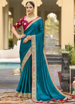 Thumbnail for Vegaa Fashion Aqua Blue Georgette Embroidered Wedding Wear Saree