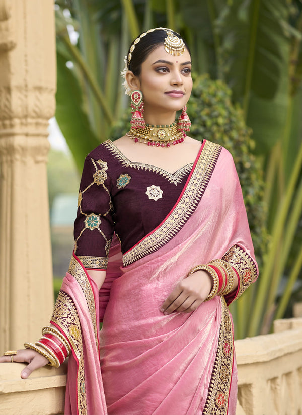 Vegaa Fashion Peach Georgette Embroidered Wedding Wear Saree