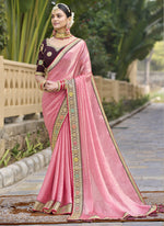 Thumbnail for Vegaa Fashion Peach Georgette Embroidered Wedding Wear Saree