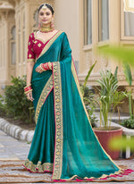 Thumbnail for Vegaa Fashion Aqua Green Georgette Embroidered Wedding Wear Saree