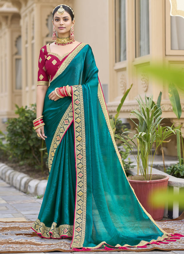 Vegaa Fashion Aqua Green Georgette Embroidered Wedding Wear Saree