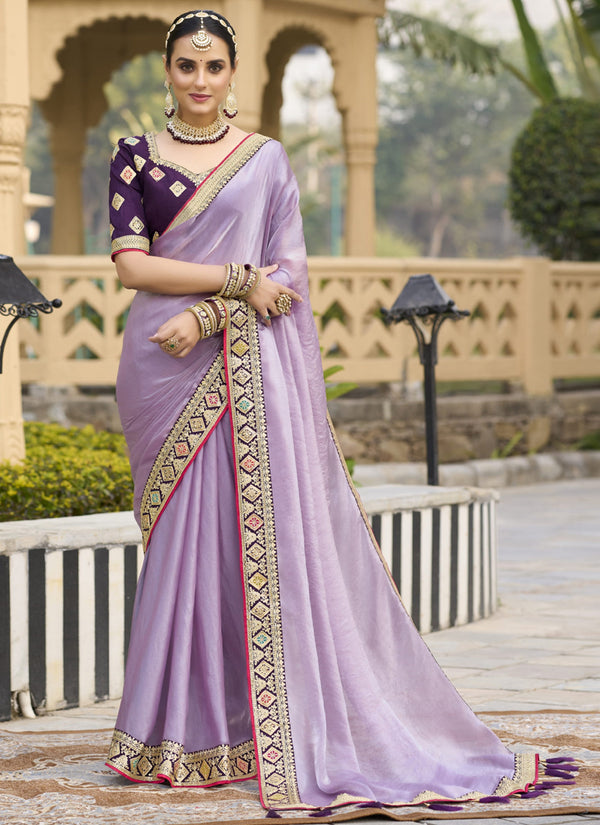 Vegaa Fashion Lavender Georgette Embroidered Wedding Wear Saree
