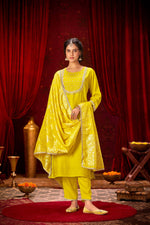Thumbnail for BulBul Sehmat Yellow Muslin Kurta Set With Dupatta