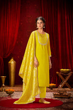 Thumbnail for BulBul Sehmat Yellow Muslin Kurta Set With Dupatta