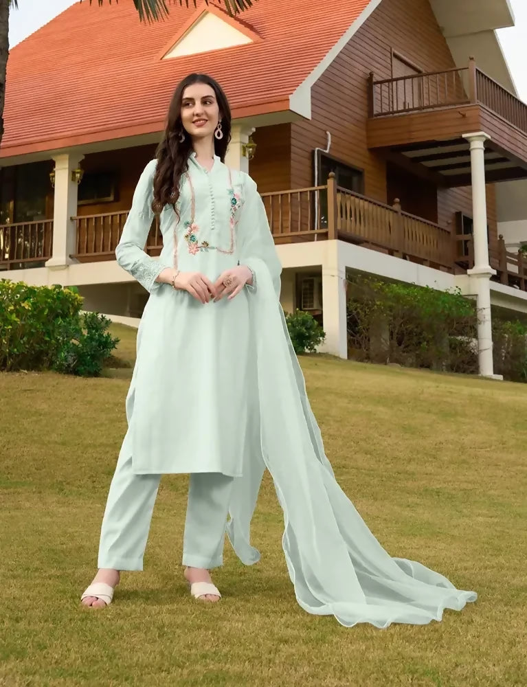 Nikhaar Light Green Embroidered Art Silk Straight Cut Readymade Pakistani Suit