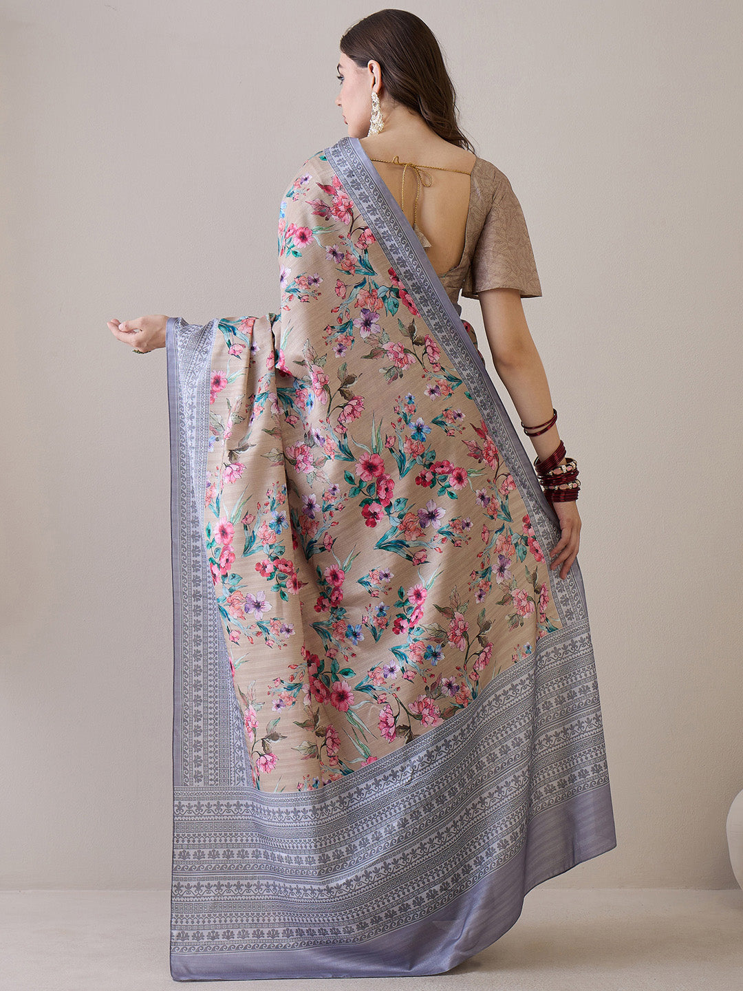 NOZ2TOZ Women's Silk Blend Beige Printed Designer Saree With Blouse Piece - Distacart