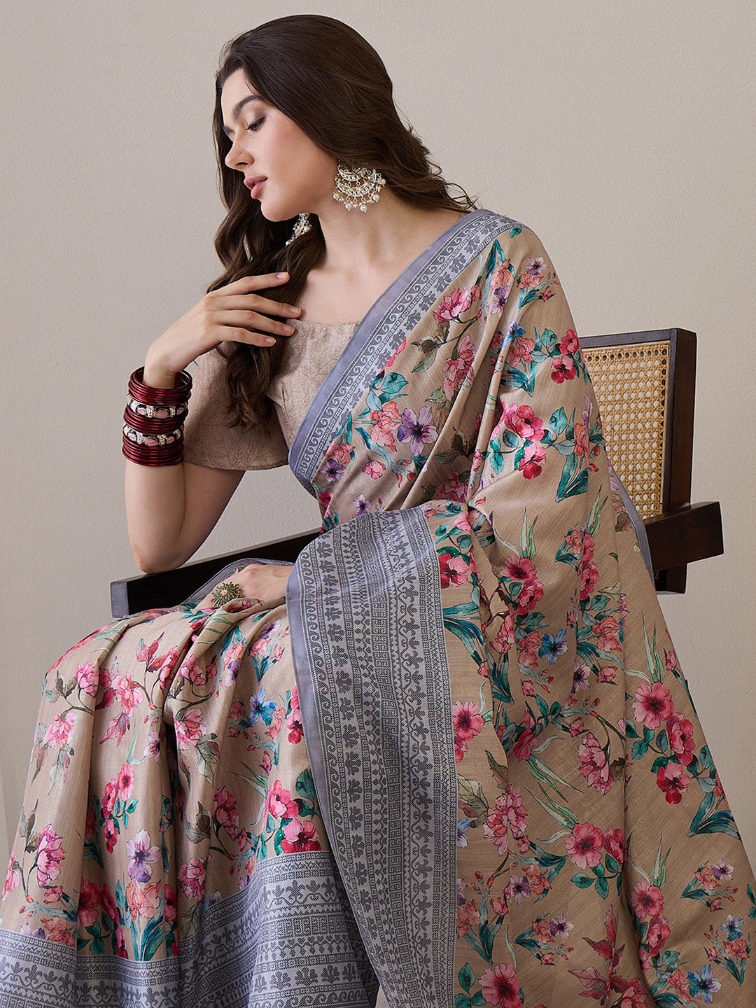 NOZ2TOZ Women's Silk Blend Beige Printed Designer Saree With Blouse Piece - Distacart