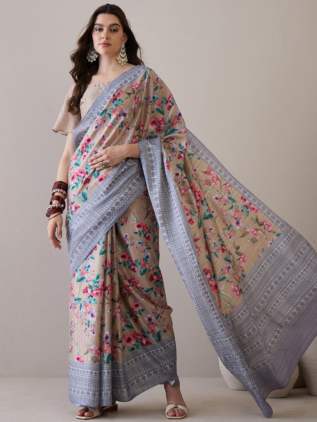 NOZ2TOZ Women's Silk Blend Beige Printed Designer Saree With Blouse Piece - Distacart