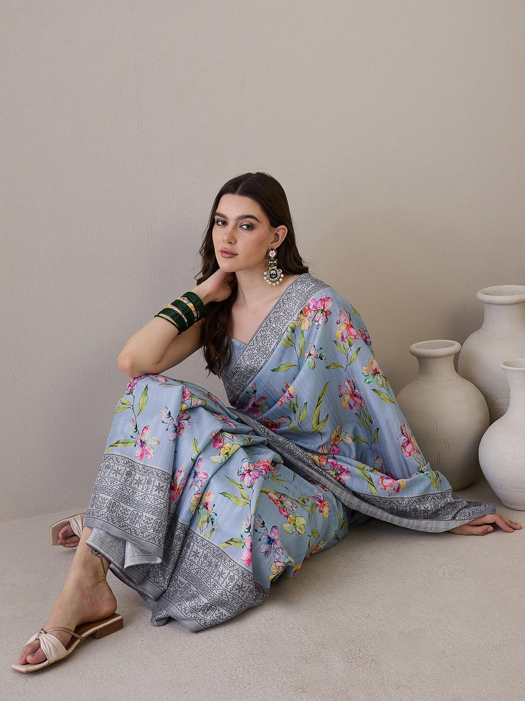 NOZ2TOZ Women's Silk Blend Grey Printed Designer Saree With Blouse Piece - Distacart