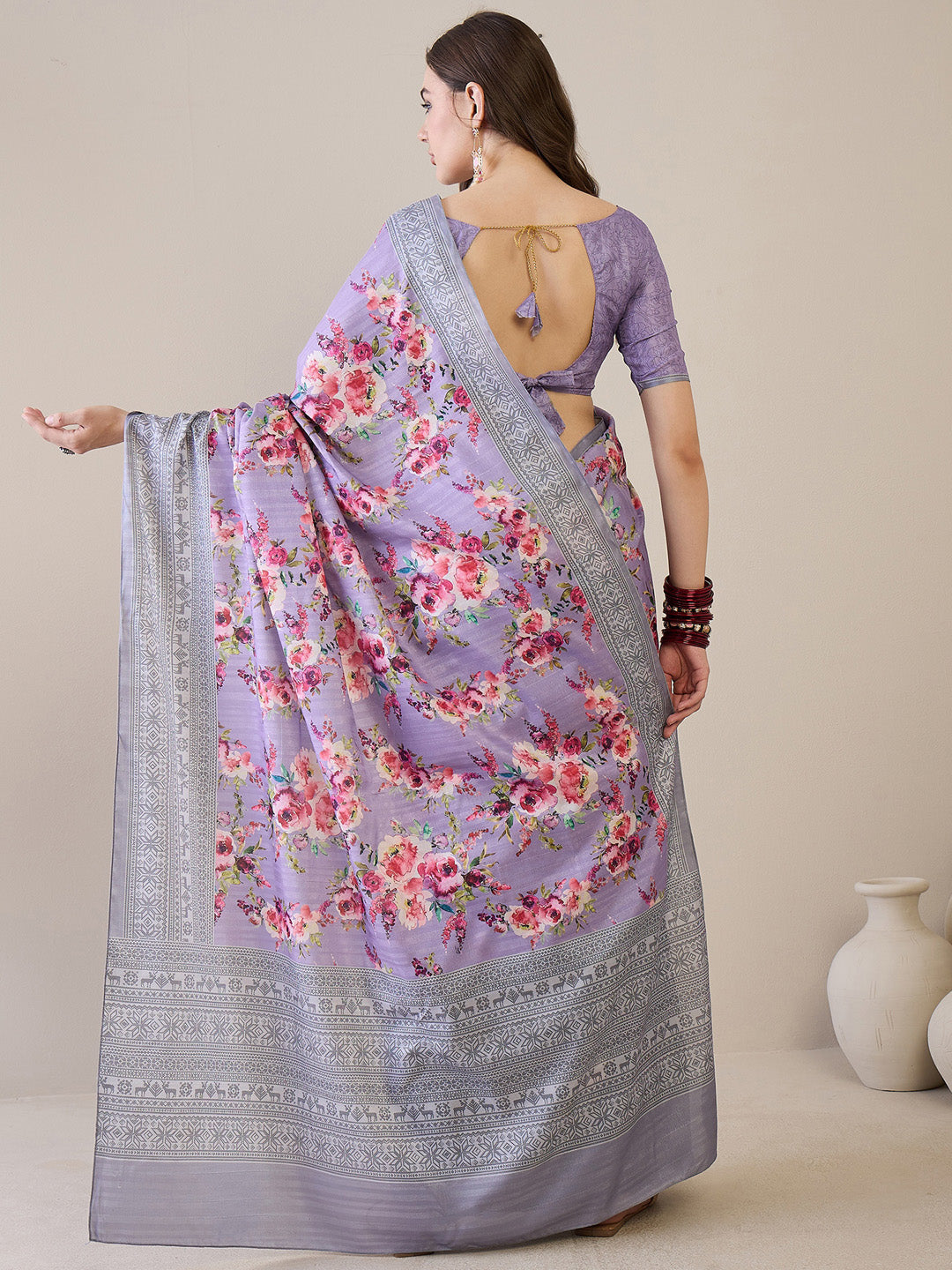 NOZ2TOZ Women's Silk Blend Lavender Printed Designer Saree With Blouse Piece - Distacart