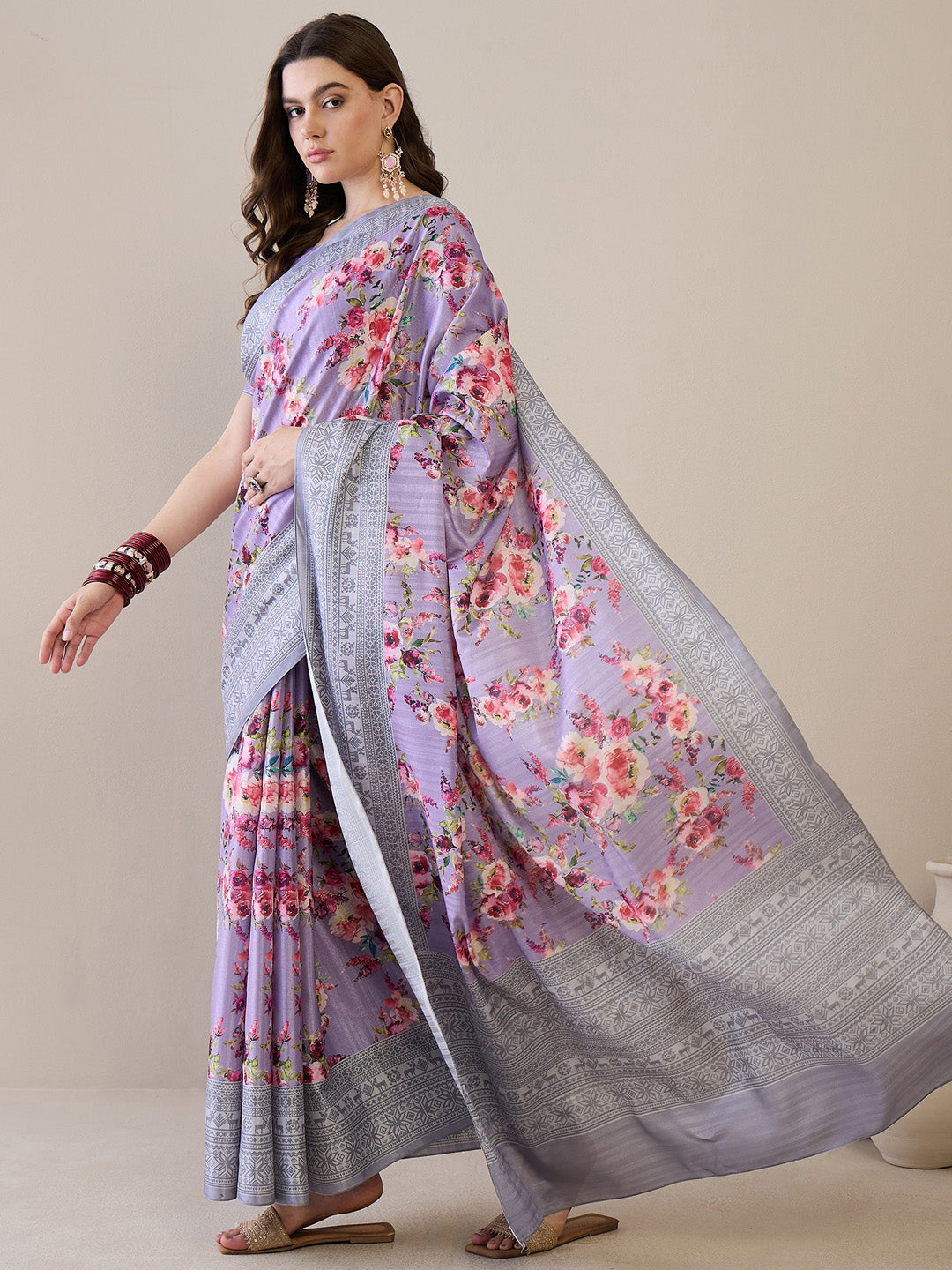 NOZ2TOZ Women's Silk Blend Lavender Printed Designer Saree With Blouse Piece - Distacart