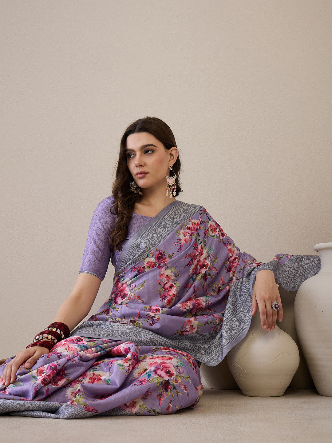 NOZ2TOZ Women's Silk Blend Lavender Printed Designer Saree With Blouse Piece - Distacart