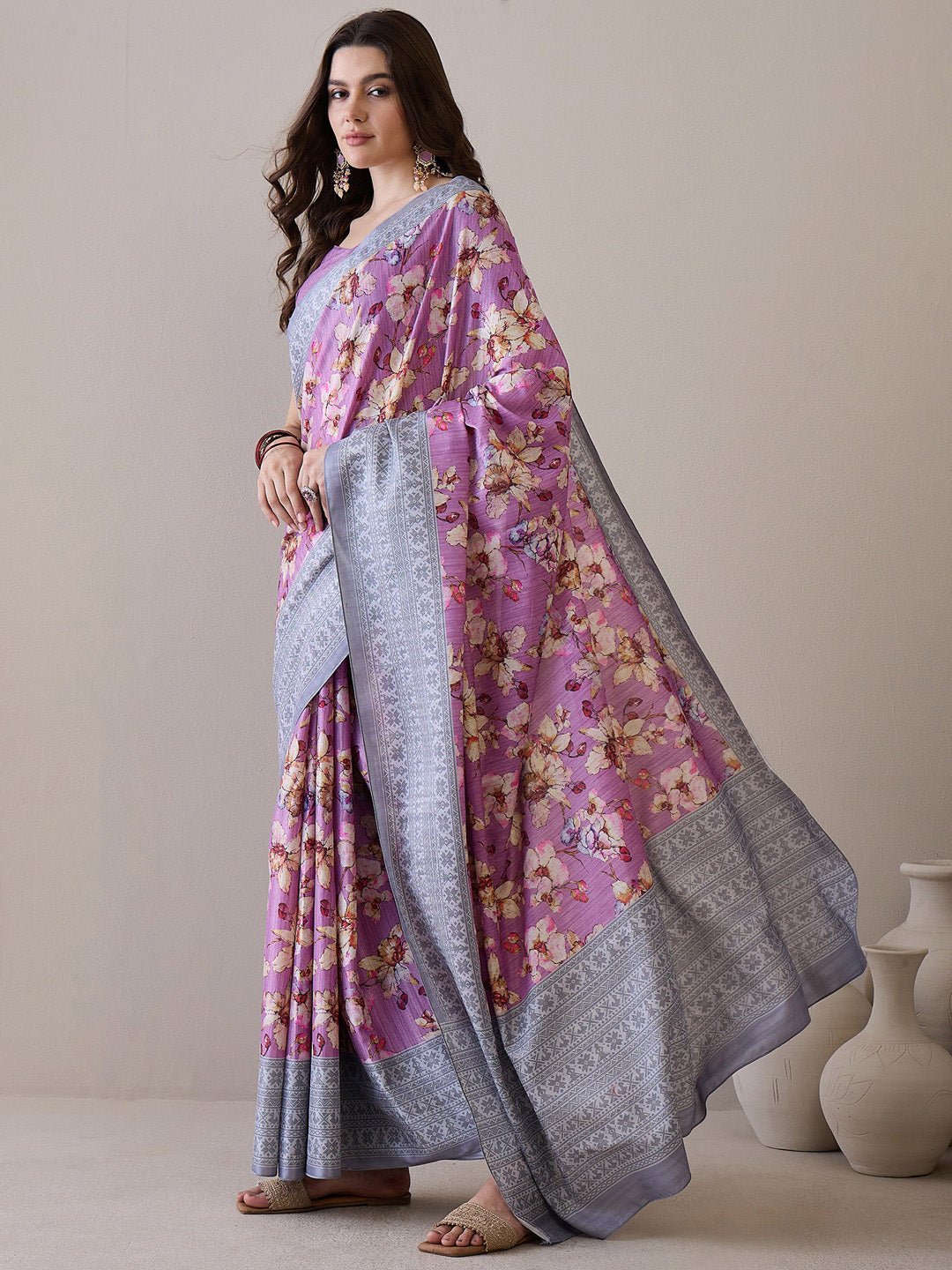 NOZ2TOZ Women's Silk Blend Mauve Printed Designer Saree With Blouse Piece - Distacart