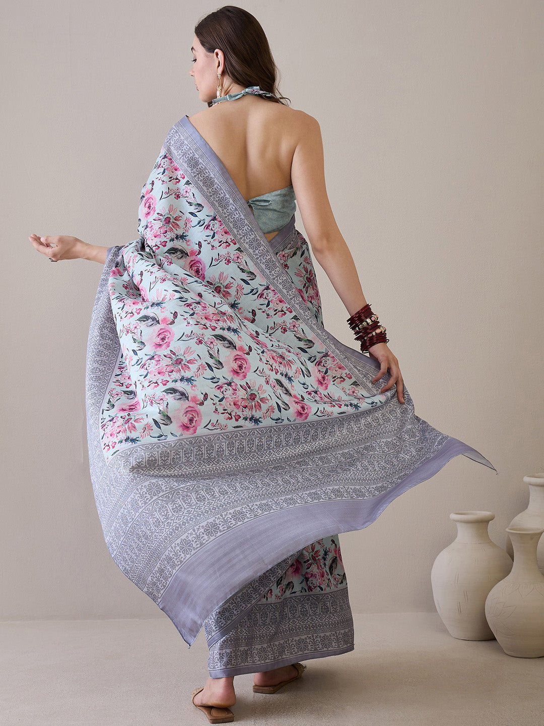 NOZ2TOZ Women's Silk Blend Turquoise Blue Printed Designer Saree With Blouse Piece - Distacart