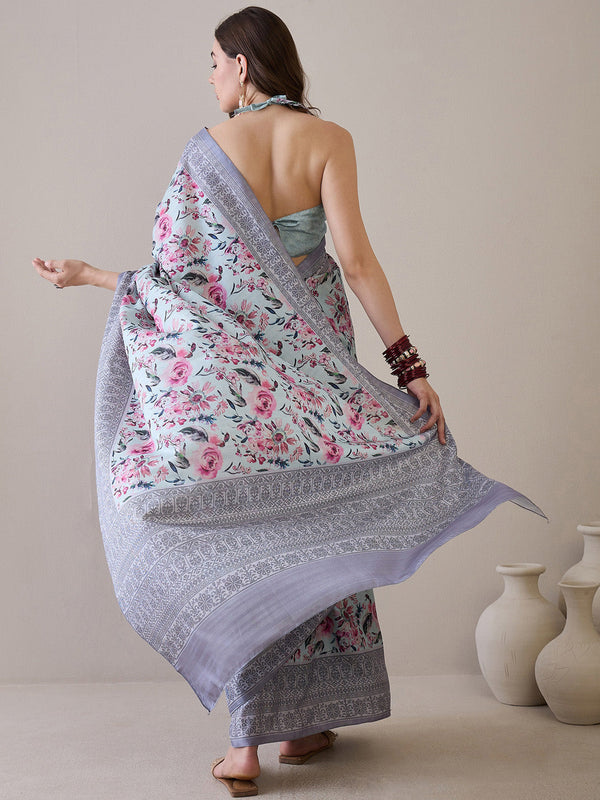 NOZ2TOZ Women's Silk Blend Turquoise Blue Printed Designer Saree With Blouse Piece - Distacart