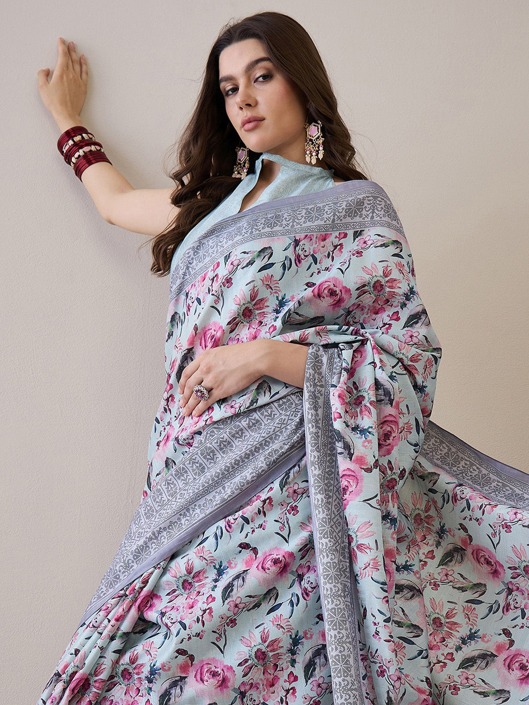 NOZ2TOZ Women's Silk Blend Turquoise Blue Printed Designer Saree With Blouse Piece - Distacart