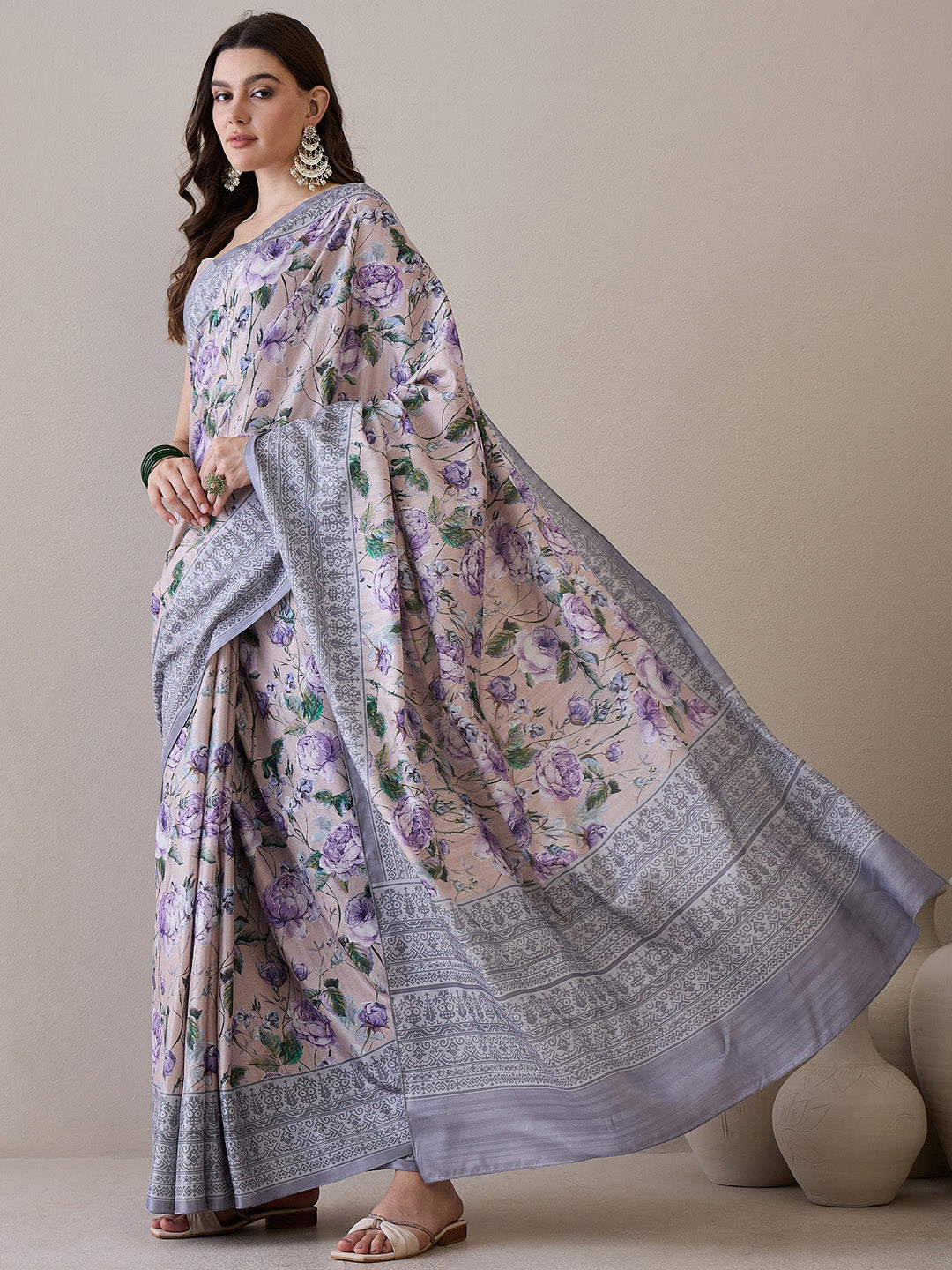 NOZ2TOZ Women's Silk Blend Beige Printed Designer Saree With Blouse Piece - Distacart