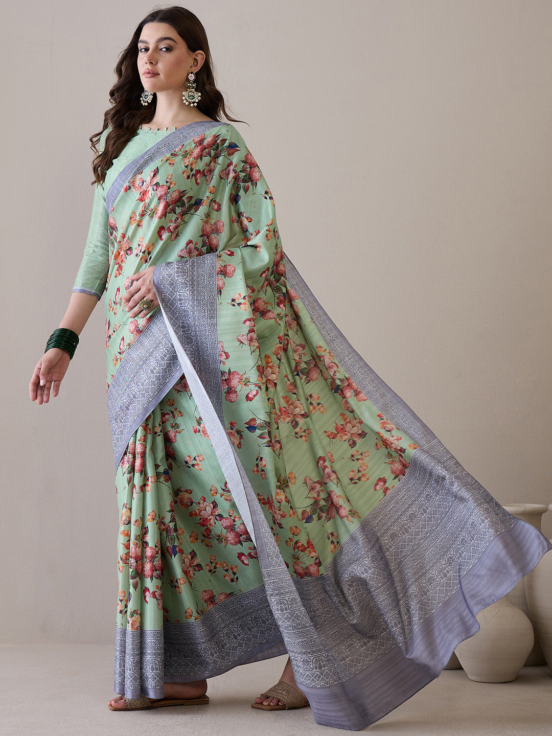 NOZ2TOZ Women's Silk Blend Light Green Printed Designer Saree With Blouse Piece - Distacart